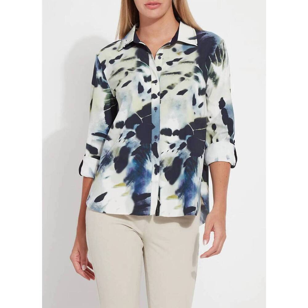 NEW LYSSE roll tab connie printed button down shirt in creative brush